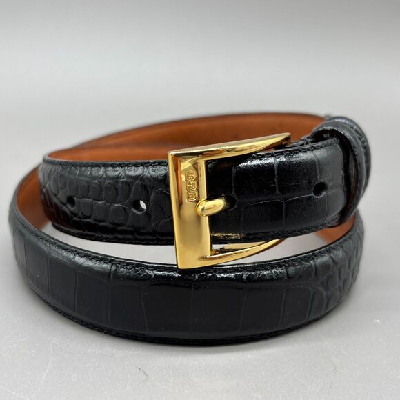 Ralph Lauren Belt Black Genuine Leather Croc Embossed Gold Buckle Size Small - Picture 1 of 8